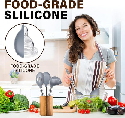 3Pcs Silicone Cooking Spoon Set, Kitchen Utensils Include Solid & Slotted Spoon, Soup Ladle, Food-Grade Heat Resistant 446°F, Non-Scratch Spoons for Serving, Stirring, Draining, Dishwasher Safe, Gray