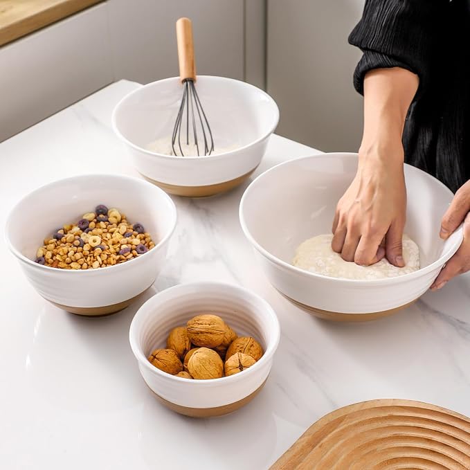 HASENSE Nesting Ceramic Mixing Bowls Set of 4, 2.1/1.5/1.0/0.5 Qt White & Terracotta Stoneware Bowls, Farmhouse Bowls for Cooking, Prepping, Salad & Soup, Dishwasher & Microwave Safe, Serving Dishes