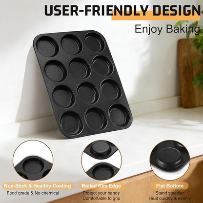 E-far 12-Cavity Muffin Top Pan, 3 Inch Nonstick Shallow Cupcake Pan for Yorkshire Pudding, Eggs, Whoopie Pie, Cornbread, Easy Release & Clean, Standard Size