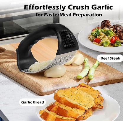 Stainless Steel Garlic Press Rocker Set with Garlic Peeler and Cleaning Brush, Garlic Mincer Tool Kitchen Gadgets Essentials