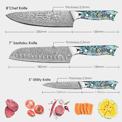 KEENZO 3PCS Kitchen Knife Set,Professional kitchen knives with 8" Chef knife,7" Santoku knife,5" Utility Knife,Japanese Hand Forged Damascus Steel Cooking knife set,Ergonomic Abalone Shell Handle