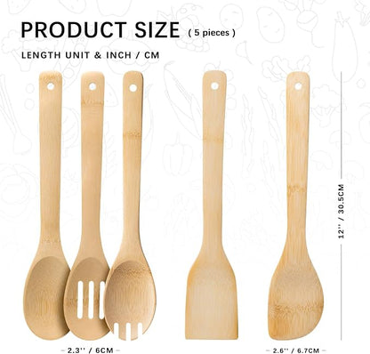 Wooden Spoons for Cooking, 5PCS Wooden Utensil Set Includes Slotted Spoon, Wooden Spoon & Wooden Spatula, Bamboo Cooking Utensils for Non-Stick Pans, Natural Bamboo Utensils