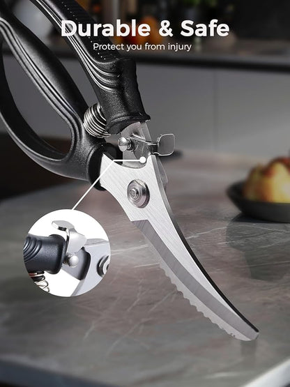 Poultry Shears, Heavy Duty Kitchen Shears With Anti-Slip Handle & Safety Lock, Poultry Scissors for Meat, Chicken, Bone,Turkey, Fish, Spring Loaded, Dishwasher Safe