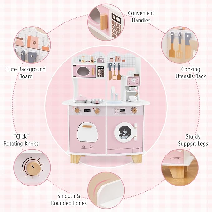 Costzon Play Kitchen, Wooden Toy Kitchen Set with Coffee Maker Playset, Washing Machine, Microwave, Oven, Pretend Play Cooking Accessories, Kids Kitchen Playset, Gift for Boys Girls (Pink)