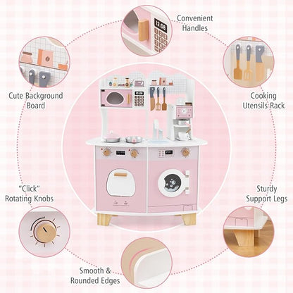 Costzon Play Kitchen, Wooden Toy Kitchen Set with Coffee Maker Playset, Washing Machine, Microwave, Oven, Pretend Play Cooking Accessories, Kids Kitchen Playset, Gift for Boys Girls (Pink)