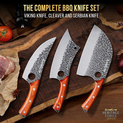 SliceElite Hand-Forged Professional Butcher Knife (3 PC BBQ KNIFE SET W/LANIARD HOLES)