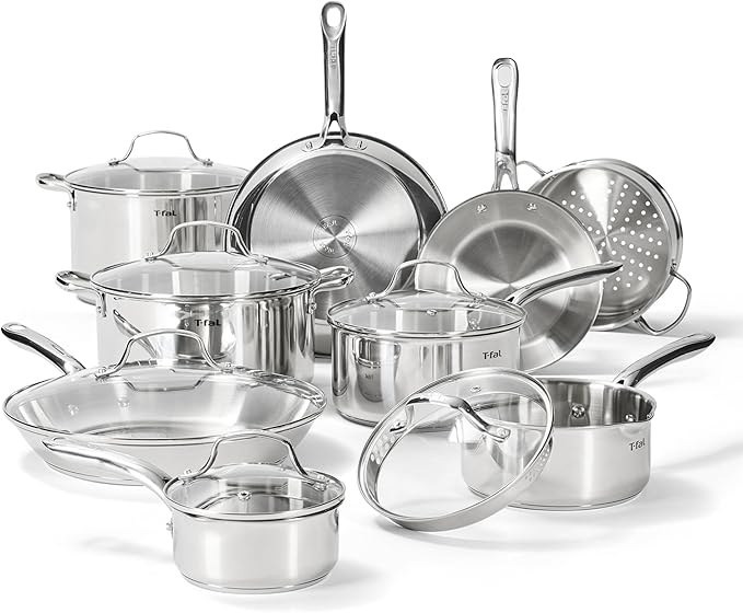 T-fal Gourmet 15-Piece Stainless Steel Cookware Set, Pots and Cooking Set, Dishwasher Safe, Oven Safe to 500°F, Induction Compatible, Sauce, Saute, Frying Pans, Silver
