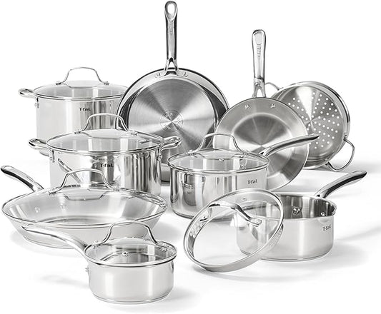 T-fal Gourmet 15-Piece Stainless Steel Cookware Set, Pots and Cooking Set, Dishwasher Safe, Oven Safe to 500°F, Induction Compatible, Sauce, Saute, Frying Pans, Silver