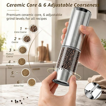 Electric Salt and Pepper Grinder Set Type-C Fast Charging, Automatic Salt and Pepper Shakers Adjustable Coarseness, Stainless Steel Rechargeable Salt and Pepper Grinder with LED Light