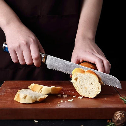 XITUO Damascus Serrated Bread Knife - VG10 Serrated Knife for Homemade Bread - Japanese Blue Resin & Wooden Handle - Slicer Knives for Sourdough Baguette - with Gift Box