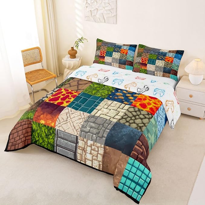 Manfei Video Game Comforter Set -Pixelated Themed Game Comforter Full Size Block Theme Gaming Bedding Set for Kids Women Men Bedroom Decor Fashion Modern Quilt Duvet,3 Pcs with 2 Pillowcase