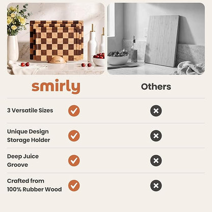 SMIRLY Wooden Cutting Boards for Kitchen - Rubberwood Cutting Boards for Meal Prep, Serving, Charcuterie - Kitchen Gadgets, House Warming Gifts - Wood Chopping Board Set of 3 with Holder