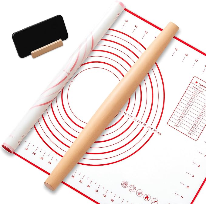 FoldTier Maple French Rolling Pin, Wood Rolling Pins for Baking with Silicone Baking Mat and Wood Base, Christmas Fondant Roller for Pie Crust Cookies Pastry Pizza Dough and Bread