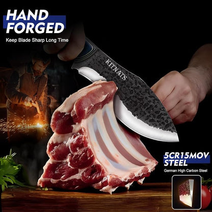 KITNATS 3Pcs Kitchen Knife Set, Hand Forged Butcher Knives Set - Chef Knives & Butcher Knife &Tactical Chopper, Meat Cutting Cleaver for Home Camping BBQ Ideal Gifts