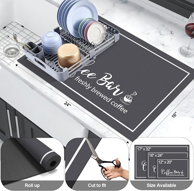 Findosom Dish Drying Mat, 16"x 24" Super Absorbent & Hide Stain Coffee Mat, Cuttable Drying Mat for Kitchen Counter, Coffee Bar Accessories, Under Dish Rack, Coffee Maker, Espresso Machine, DarkGrey