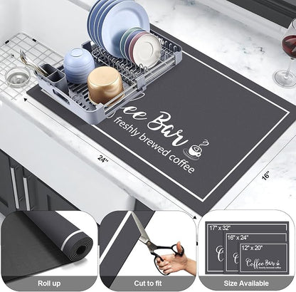 Findosom Dish Drying Mat, 16"x 24" Super Absorbent & Hide Stain Coffee Mat, Cuttable Drying Mat for Kitchen Counter, Coffee Bar Accessories, Under Dish Rack, Coffee Maker, Espresso Machine, DarkGrey