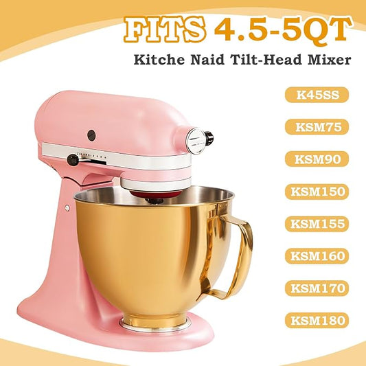 5 Quart Mixing Bowl for KitchenAid Stand Mixers, Food-Grade Stainless Steel Bowl with Handle & Clasp, Compatible with Tilt-Head 4.5–5 Qt Models – Fits K45, K45SS, KSM75, KSM150, KSM95 (Gold, 5QT)
