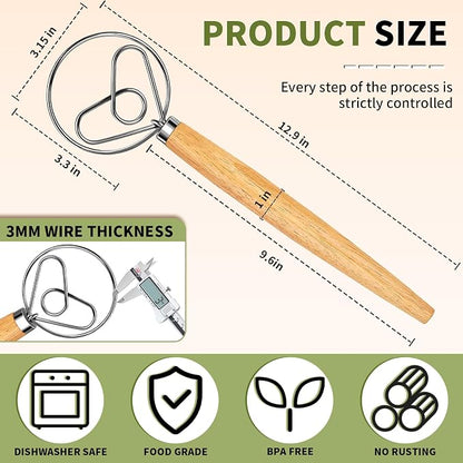 Hand Whisk Stainless Steel Dough Hook Dutch Whisk for Sourdough Bread Dough Mixer Hand Wooden Handle Kitchen Whisking Mixing Tool Bread Making Tools (Love heart shape)