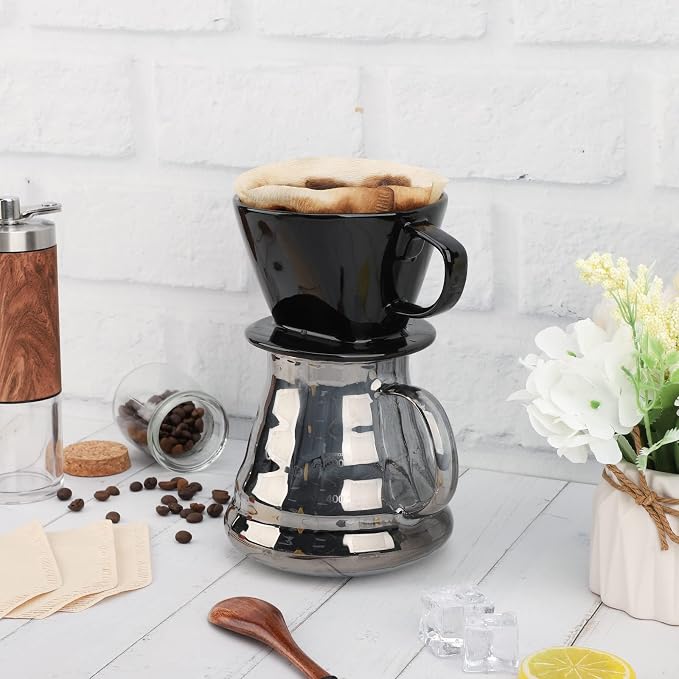 Segarty #2 Pour Over Coffee Maker, Single Cup Black Ceramic Coffee Dripper, 1 Set Size No.2 Reusable Filter Cone Drip Holder Slow Brewer with 3 Holes Flat Bottom for Travel, Camping, Office, Home
