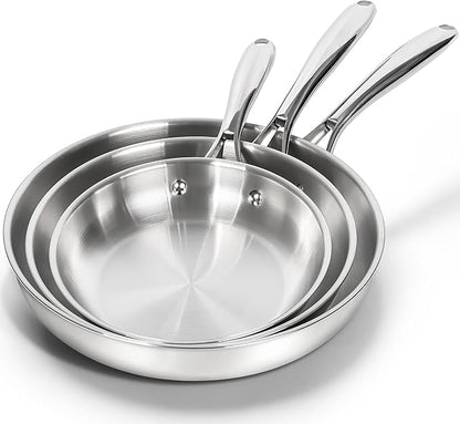 MICHELANGELO 18/10 Stainless Steel Frying Pan Set, 8" / 9.5" / 11" Cooking Pans, Triply Base Stainless Steel Pan Set with Ergonomic Handle, Induction Compatible