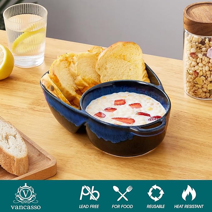 vancasso Starry Chip and Dip Bowl, Anti-Soggy Cereal Bowl, Soup and Sandwich Plate Combo, Breakfast Powls, Divided Snack Bowls Gifts for Wedding Housewarming Party, 2 Pack(Blue)