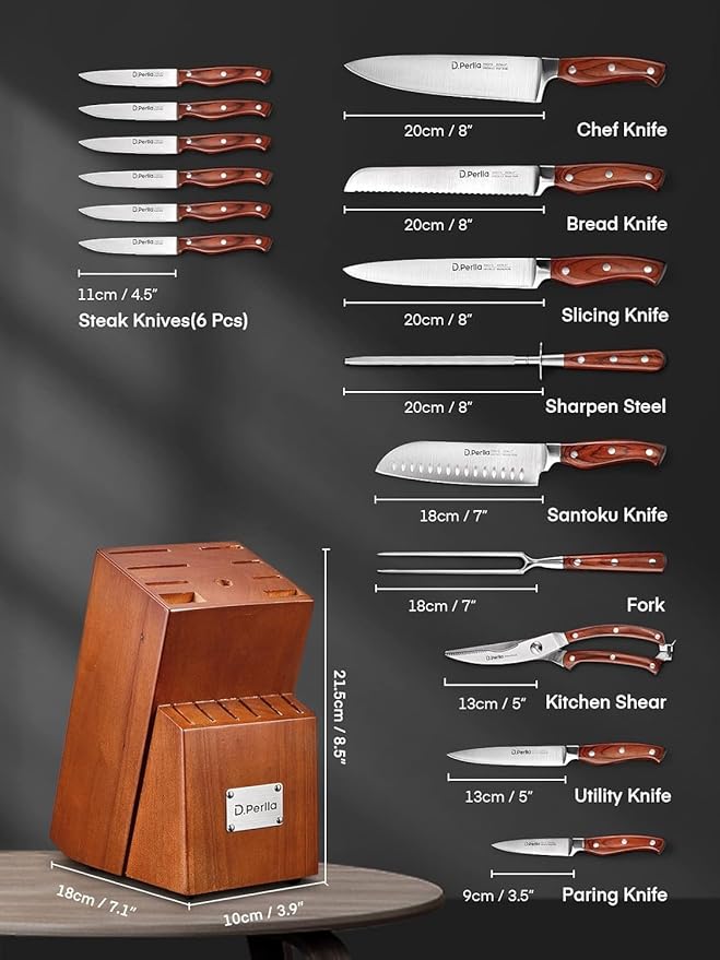 Kitchen Knife Set, 16 Pcs Stainless Steel Kitchen Knife Set with Sharpener & Wooden Block, Knife Block Set with Wood Handle, Chef, Santoku, Bread, Utility, Paring & Carving Fork Knife, Brown