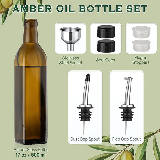 AOZITA 17oz Glass Olive Oil Dispenser - Oil and Vinegar Cruet Bottle with Stainless Steel Pourers - Funnel For Easy Refill - Olive Carafe Decanter for Kitchen