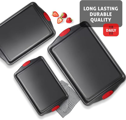 Baking Sheet Set, 3-Piece Cookie Sheet Set with Silicone Handles, Steel Baking Pan, Durable Baking Sheets for Oven, BPA Free Cookie Sheets for Baking Nonstick Set, Premium Sheet Pan, Black Baking Tray