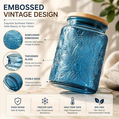 ANSQU 4-Pack Vintage Glass Canisters, 23.7 Fl oz Candy Jars with Lids, Vintage Colored Mason Jars for Kitchen Decorative Jar for Coffee Tea Candy Cookies, Cute Jars