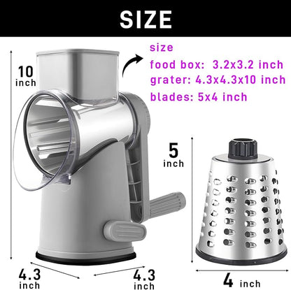 Weltonhm Rotary Cheese Graters with 4 Blades, Large Hand Crank Cheese Grater with Waffle Slicer, Grey Cheese Shredder with Suction Base, Easier for Shredding & Grating (Grey, 4 Graters)