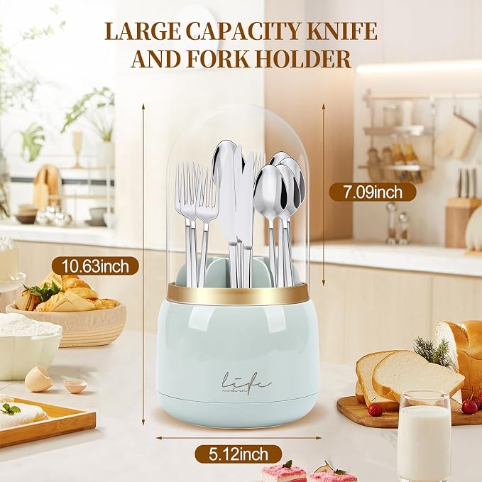 360° Rotating Silverware Utensil Holder for Kitchen Counter, Spoon and Fork Holder with Cover, Cooking Utensil Organizer with 7 Slots and Intermediate Drainage Device for Kitchen Decor(Green)