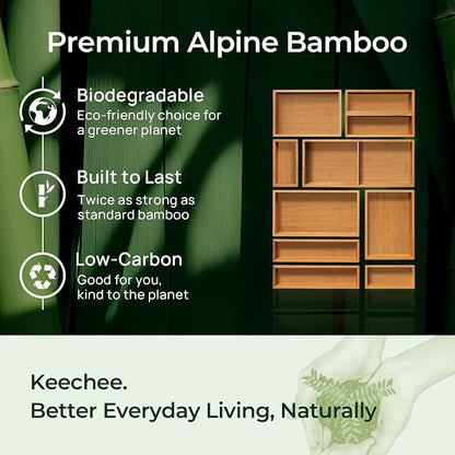 keechee 10-Piece Bamboo Drawer Organizer Set, 2.2" Deep Multi-Use Organizers for Utensils, Silverware, Cutlery, Desk, Bathroom, Junk Drawer & Makeup, Non-Slip Feet Included.