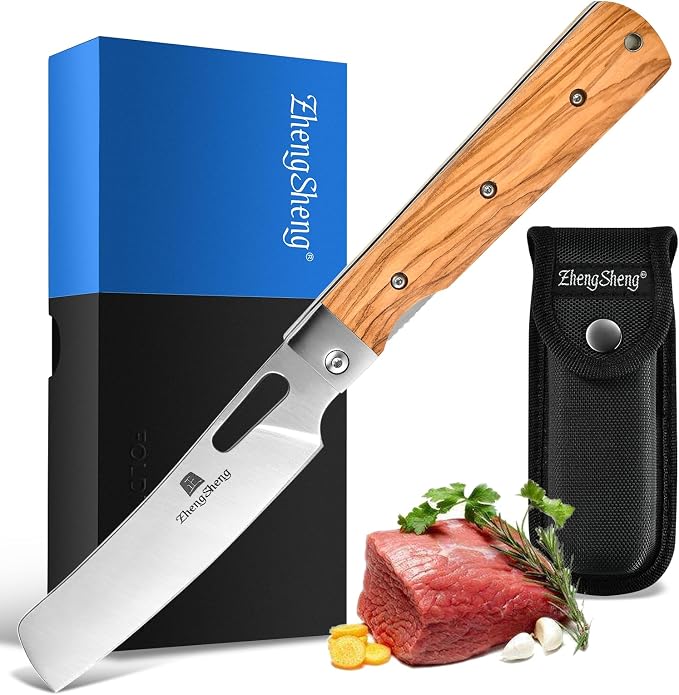 ZhengSheng Folding Chef Knife with Nylon Pouch 4.8” Ultra Sharp 440A Stainless Steel Blade Natural Olive Handle Pocket Foldable Japanese Style Kitchen Knife for Outdoor Camping BBQ trip Cooking.