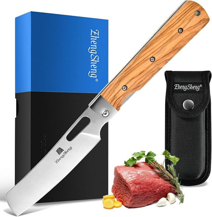 ZhengSheng Folding Chef Knife with Nylon Pouch 4.8” Ultra Sharp 440A Stainless Steel Blade Natural Olive Handle Pocket Foldable Japanese Style Kitchen Knife for Outdoor Camping BBQ trip Cooking.