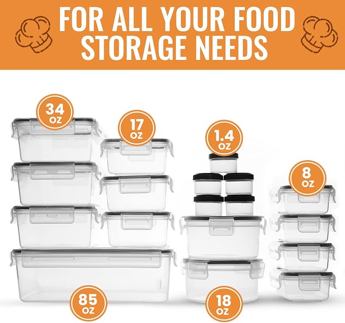 FILTA 18 Pack Food Storage Containers with Airtight Lids: Leak-Proof Plastic Containers for Kitchen Organization, Meal Prep, Lunch Containers Organization(BPA-Free)