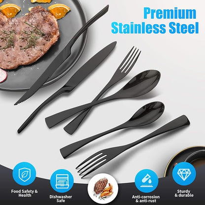 Lemeya 24-Pieces Black Silverware Set with Steak Knives,Heavy Duty 18/10 Stainless Steel Flatware Set for 4,Modern Cutlery with Forged Stand Knives,Mirror Polished,Dishwasher Safe