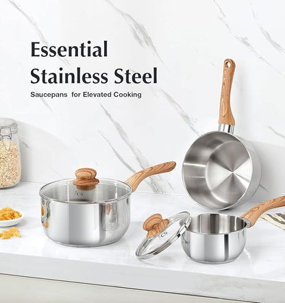 KOCH SYSTEME CS Stainless Steel Saucepan, 1 Quart Saucepan with Lid & Heat-resistant Bakelite Handle, Tri-ply Bottom Steel Sauce Pan with Lid, Induction Ready, Stainless Steel Pot 1QT