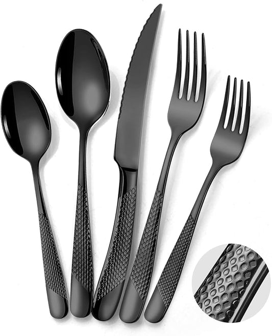 Lemeya 20-Piece Hammered Black Silverware Set for 4,18/10 Stainless Steel Flatware Set with Serrated Forged Knives,Heavy Duty Cutlery Set for Home & Party Restaurant,Mirror Polished, Dishwasher Safe