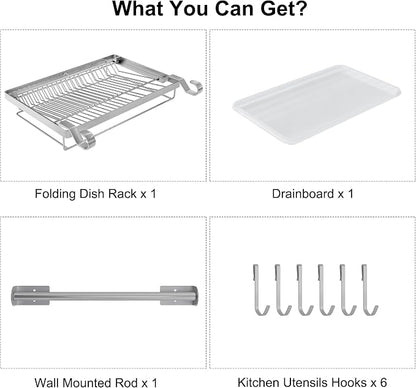 TQVAI Over Sink Dish Drainer Drying Rack, Stainless Steel Foldable Wall Mounted Dish Racks with Drainboard Hanging Rod and Sponge Holder, Silver