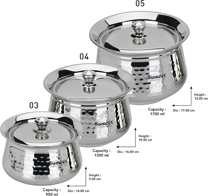 Sumeet Stainless Steel Handcrafted Hammered Texture Handi Set with Lid for Kitchen, Set of 3, 950ml, 1300ml & 1700ml, Silver