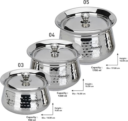 Sumeet Stainless Steel Handcrafted Hammered Texture Handi Set with Lid for Kitchen, Set of 3, 950ml, 1300ml & 1700ml, Silver