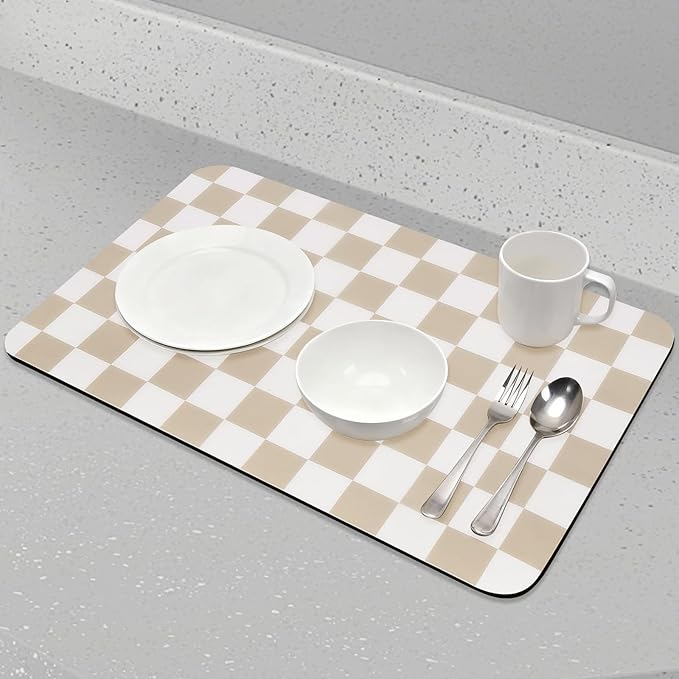 CooRug Checkered Dish Drying Mat for Kitchen Counter, Absorbent Non-Slip Coffee Mat, Heat Resistant Mat for Countertops Coffee Bar Decor 17" x 32" Khaki