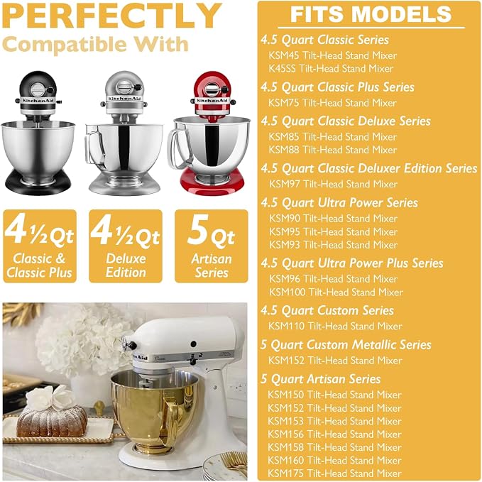 5 Quart Metallic Finish Stainless Steel Mixer Bowl for KitchenAid Classic&Artisan Series 4.5-5 QT Tilt-Head Mixer, Copper Color, Silicone Scraper, Dishwasher Safe, Fit K45SS KSM75 KSM90 KSM150