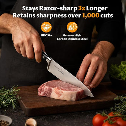 OAKSWARE 8 Inch Chef Knife, Ultra Sharp German High Carbon Stainless Steel Kitchen Knife, Full Tang Forged Professional Cooking Knife with Ergonomic Handle for Meat, Vegetables and Fruit
