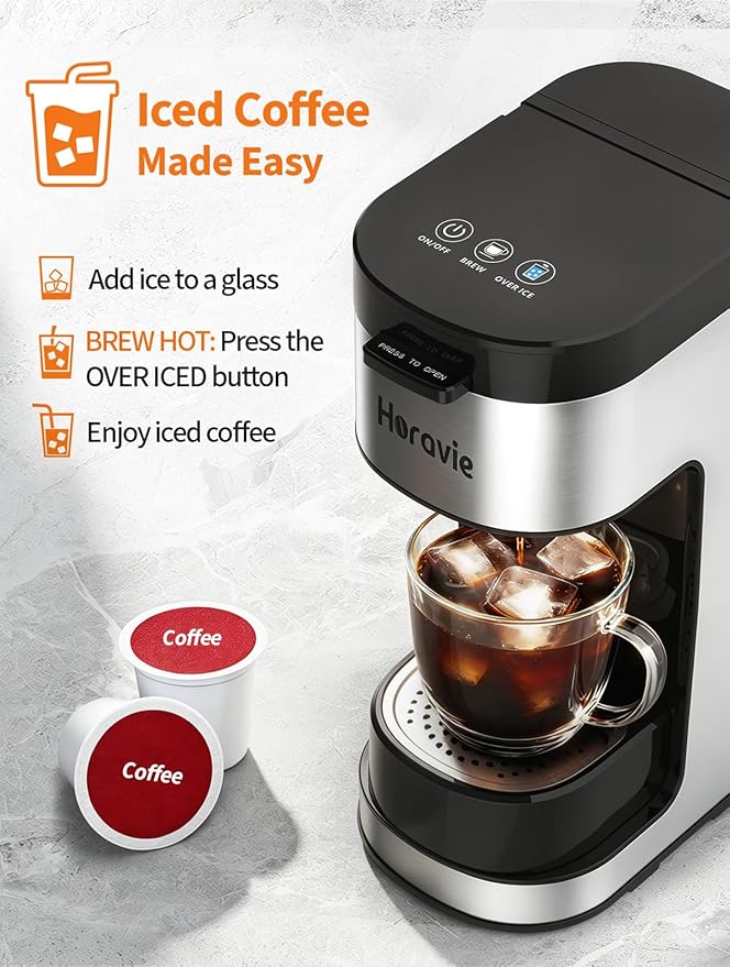 Horavie Single Serve Coffee Maker, Hot and Iced Coffee Maker for K Cup and Ground, 6 to 14 Oz Brew Sizes Single Cup Coffee Maker with Descaling Alert, Ideal for Home, Travel, RV and Dorm,Black