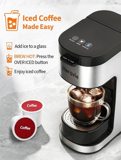 Horavie Single Serve Coffee Maker, Hot and Iced Coffee Maker for K Cup and Ground, 6 to 14 Oz Brew Sizes Single Cup Coffee Maker with Descaling Alert, Ideal for Home, Travel, RV and Dorm,Black