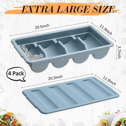 Maxdot 4 Pcs 20.5 x 11.9 x 3.7 Inch Silverware Organizer with Lid, Commercial 4-compartment Restaurant Kitchen Cutlery Tray, Plastic Silverware Storage Container, Condiments Holder (Grayish Blue)