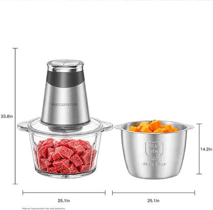 MEGAWISE Electric Food Processor, 800W Meat Grinder & Vegetable Chopper - 2 Bowls (3L Stainless Steel + 3L Glass) with 4 Blades, Dual-Speed Food Chopper for Meat, Fruits, Vegetables, and Nuts