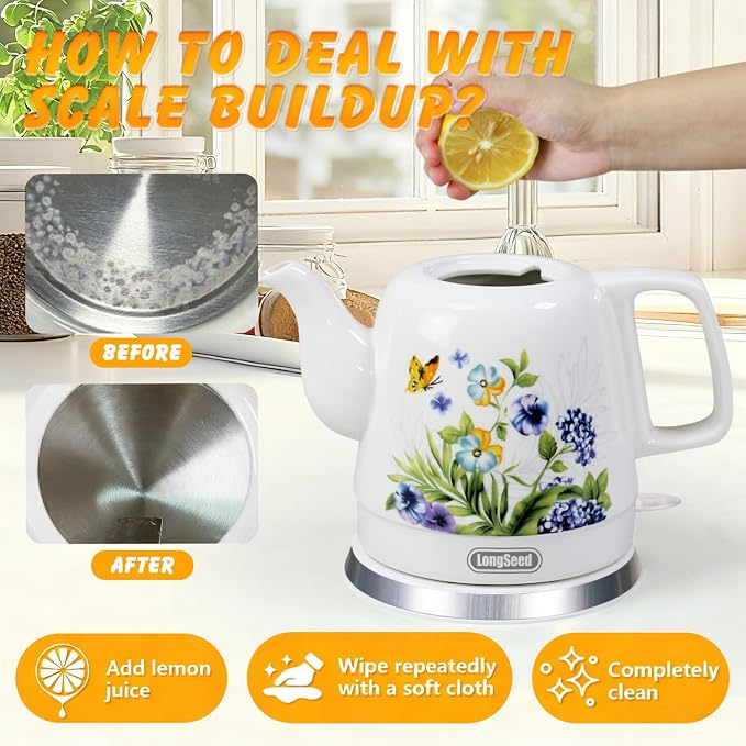 Ceramic Electric Kettle, 1.2L/1000W Boil Water Quickly and Easily,Boil-Dry Protection,Auto Shut Off, Detachable Swivel Base,Hot water kettle for Coffee & Tea