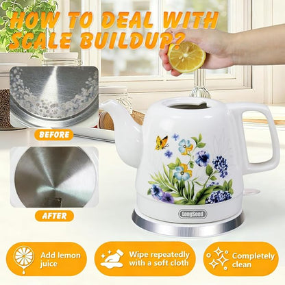 Ceramic Electric Kettle, 1.2L/1000W Boil Water Quickly and Easily,Boil-Dry Protection,Auto Shut Off, Detachable Swivel Base,Hot water kettle for Coffee & Tea